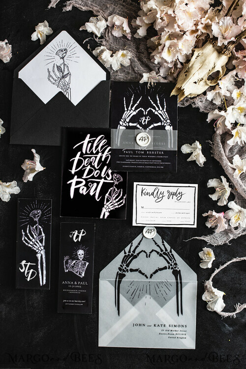 Black Ribbon & Silver Bat Charm Gothic Wedding Invites Pack of 10 