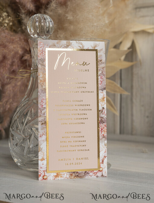 Menu glamour karta dań weselnych menu weselne plan podawania posiłków, złote lub srebrne napisy wasza treść, różowo złote menu weselne