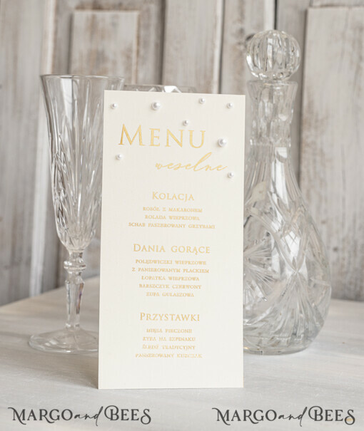 Menu glamour ślubne menu z planem podawania dań wesenych, wesele glamour złote litery, złote menu z perełkami, ozdoba stołu weselnego
