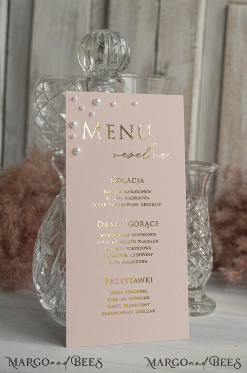 Menu glamour elegancka karta dań na weselu z perełkami, menu weselne z perełkami weselne menu karta potraw weselnych, złote lub srebrne napisy wasza treść