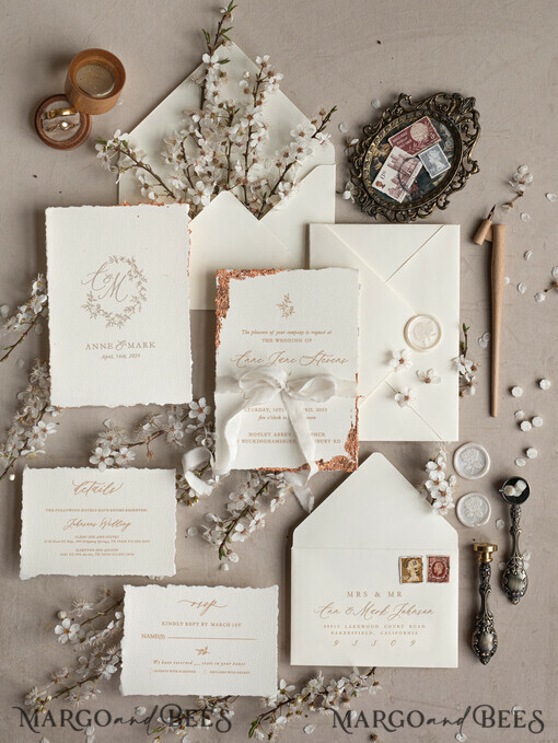 Zaproszenia ślubne wydzierane  darte zaproszenia slubne z jedwabną wstążką, wyjątkowe zaproszenia ślubne z wydzieranymi krawędziami, eleganckie darte karty zaproszeń ślubnych 
